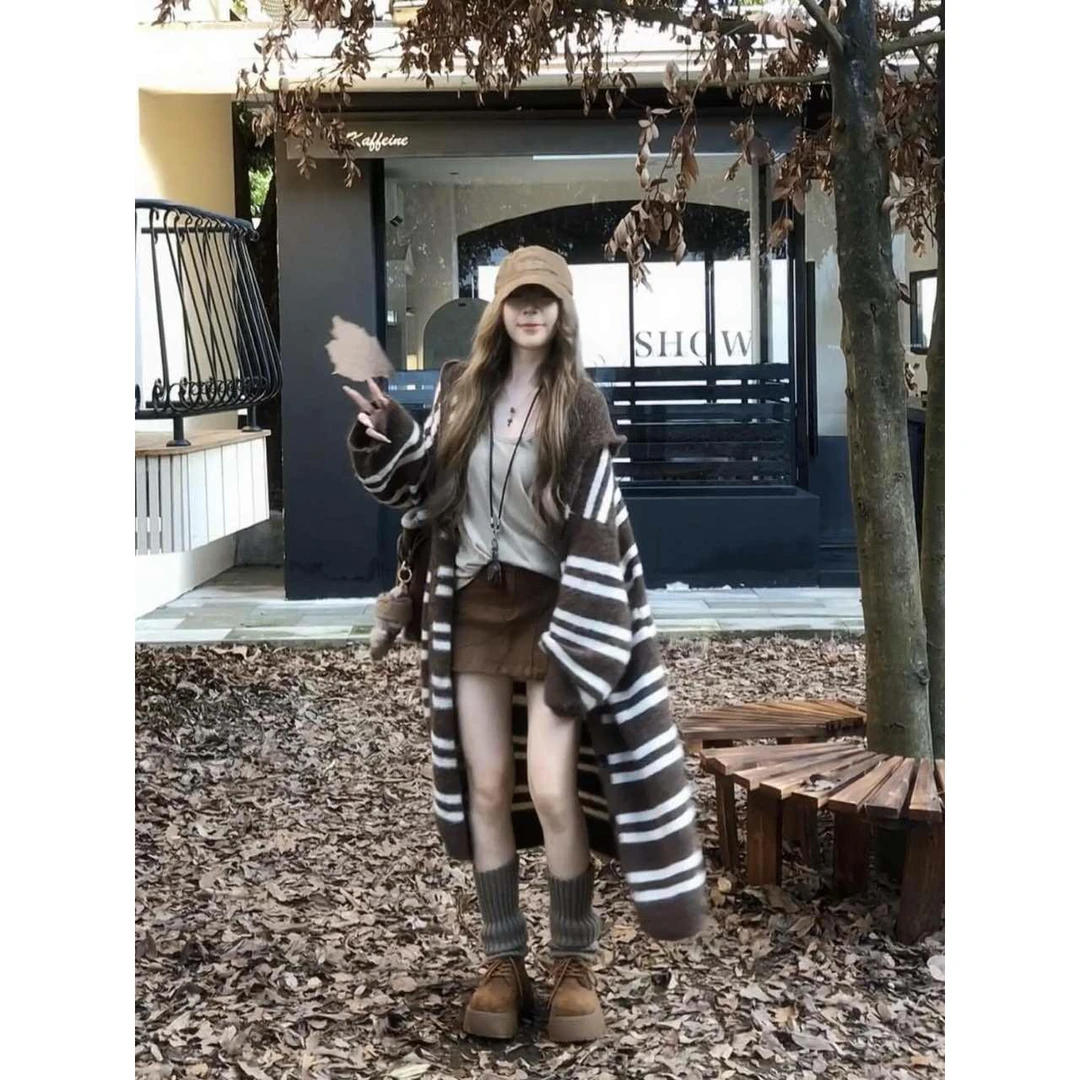 韩版chic覆古条纹开衫毛衣女秋冬慵懒风宽松长款过膝针织大衣外套