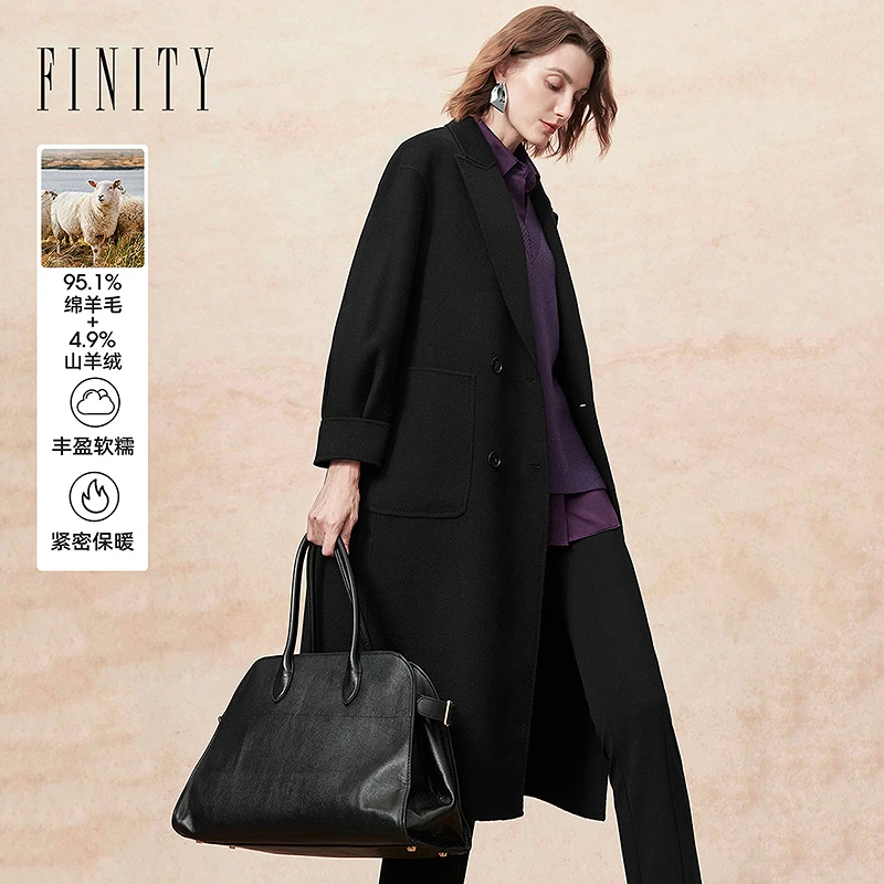 FINITY 羊绒大衣新款简约双面呢复古长款黑色外套 F21Y9D12D3