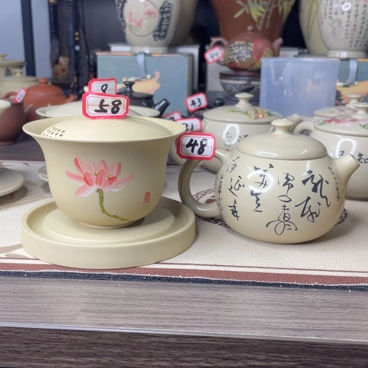 晶***江建水紫陶白泥三才盖碗微暇和苏佛涛老师白泥壶微暇