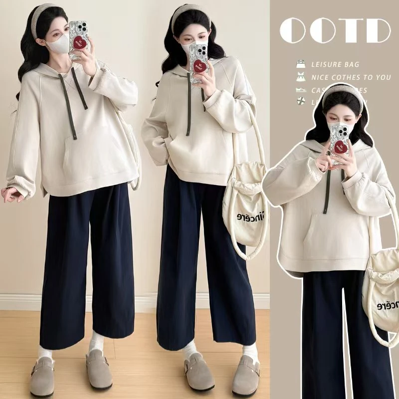 韵十八孕妇装秋冬装加绒矮个子连帽款卫衣宽松九分奶奶裤两件套装