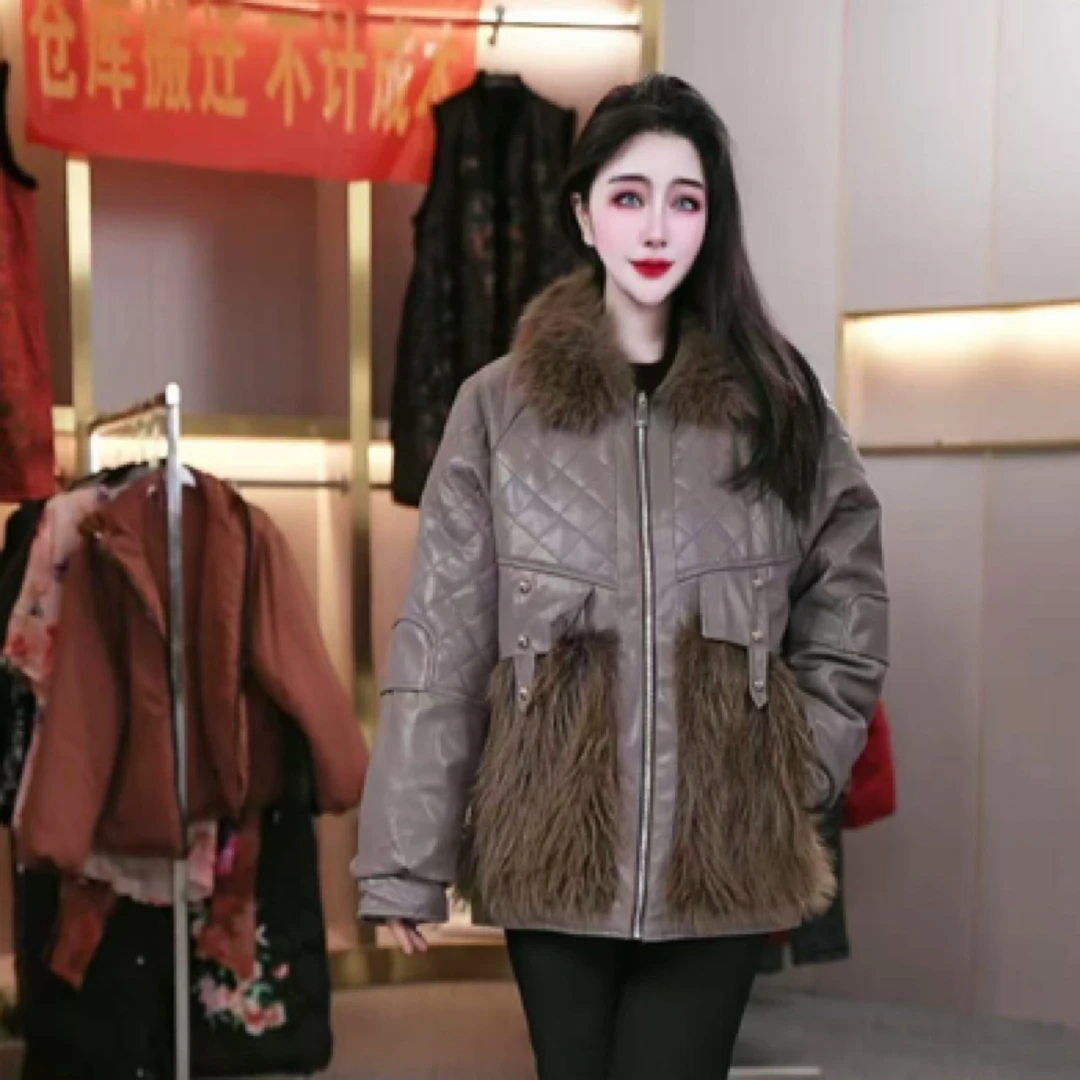 【0039】女士PU加厚外套短款时尚修身韩版冬季网红显瘦保暖秋冬