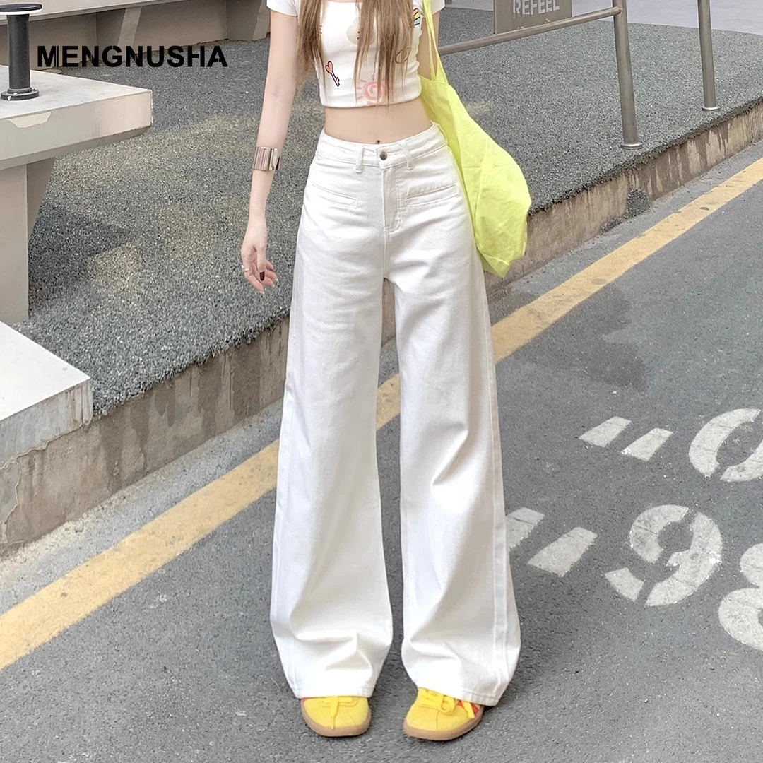 白色高腰阔腿牛仔裤女2025新款美式简约垂感春夏百搭直筒拖地裤子