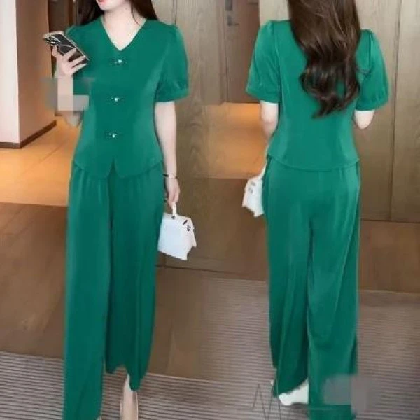 新中式时尚套装女2025夏季新款洋气显瘦盘扣短袖阔腿裤气质两件套