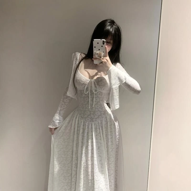 法式白色蕾丝弹力提花开衫吊带连衣裙套装女夏季新款收腰显瘦长裙