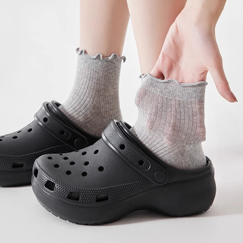 洞洞鞋袜子女夏季薄款木耳边网眼透气白色袜子百搭棉袜少女风短袜