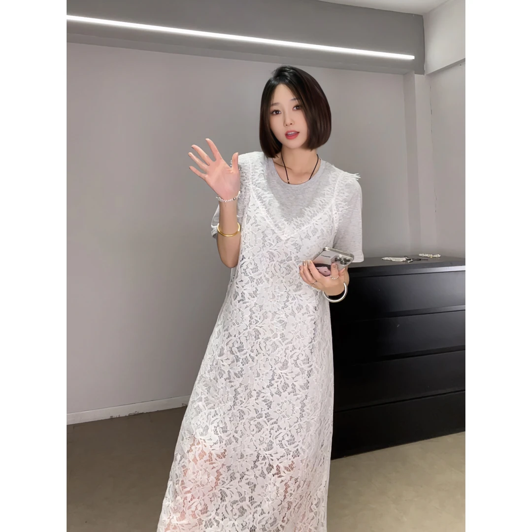 清凉时尚百搭气质温柔针织高弹镂空连衣裙显瘦两件50370