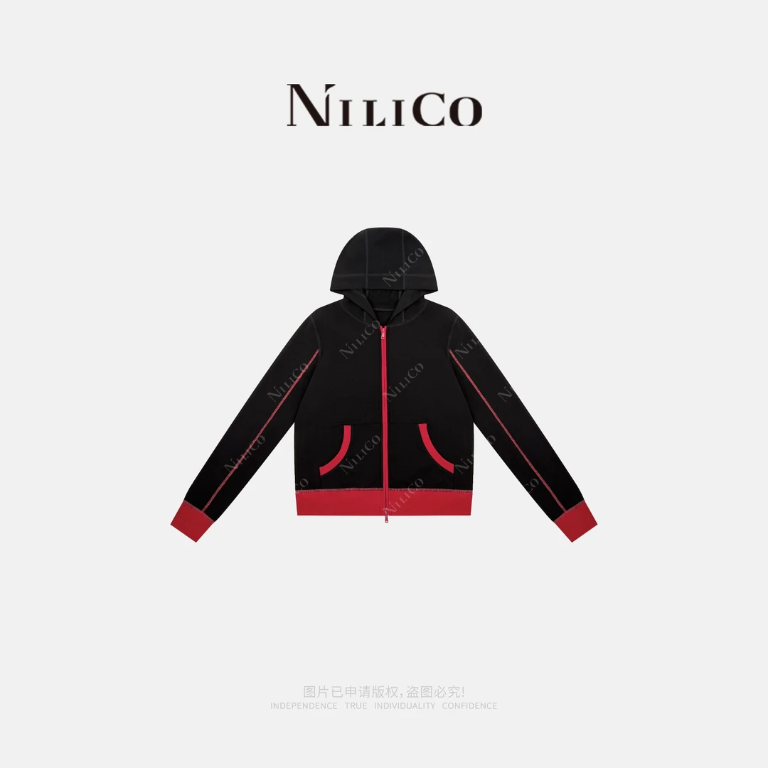NILICO【绯月】经典撞色针织开衫修身显瘦长袖设计感外套