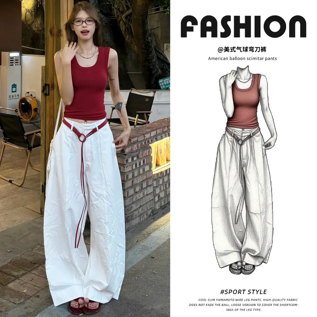 白色弯刀裤女春夏秋季2025新款小个子高腰休闲宽松百搭显瘦阔腿裤