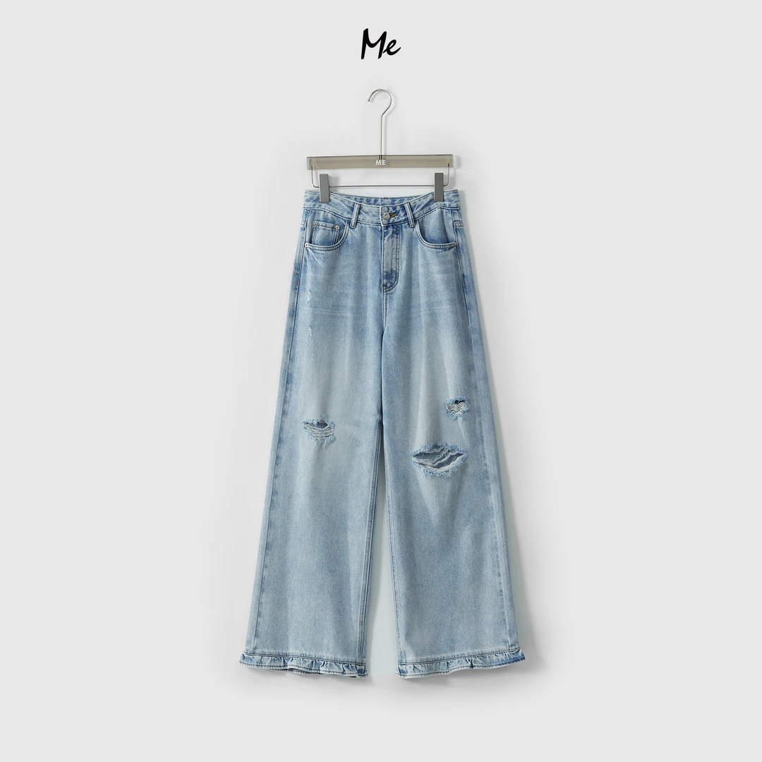 ME【荷叶破洞蓝牛】100棉高腰显瘦百搭时尚复古做旧牛仔裤MESS1927