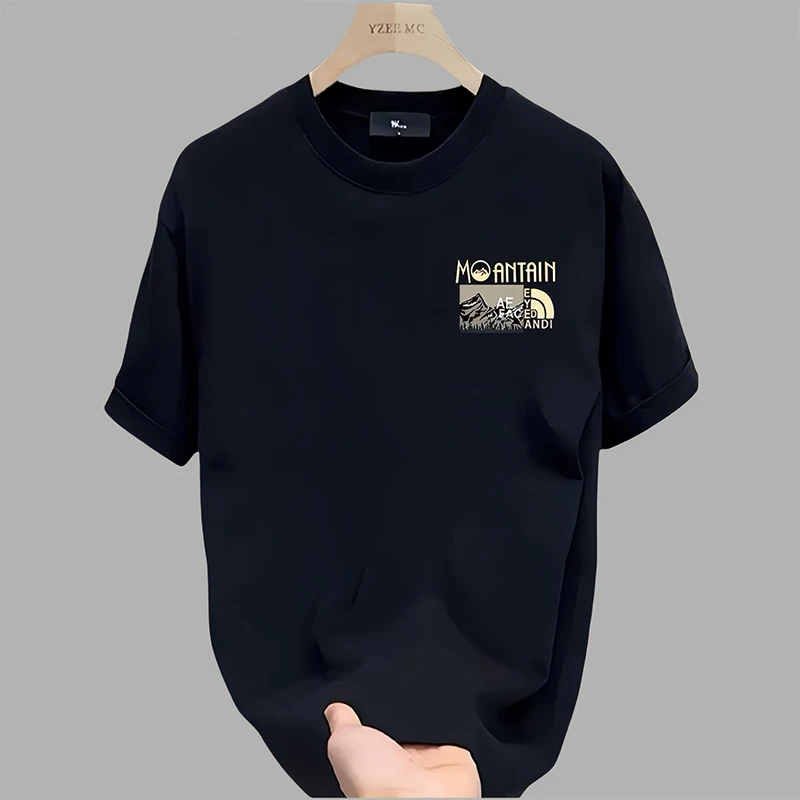 男士纯黑色t恤 2025夏季新款男式修身百搭弹力圆领印花男装短袖潮