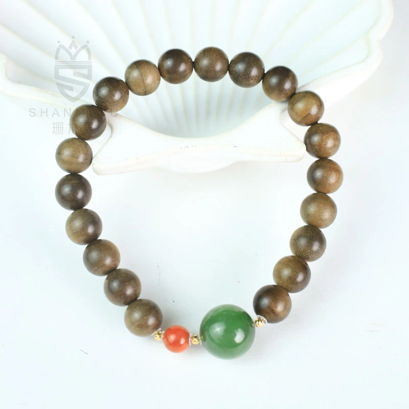 【珊木居】TX330TZ 18K老山檀香阴沉0.8+1.2碧玉单圈手串