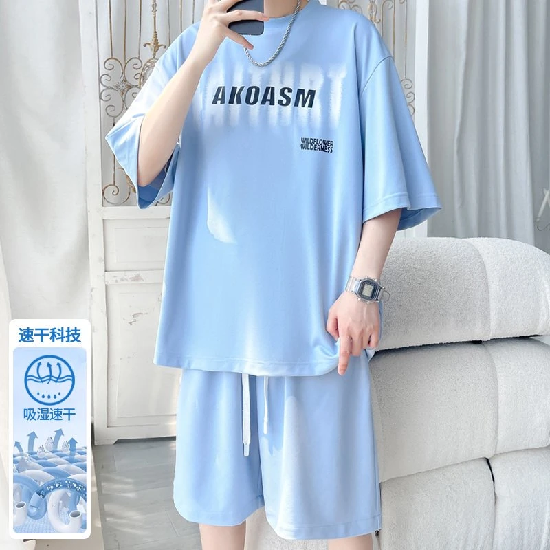 夏季冰丝套装男宽松大码速干印花运动套装潮牌港风短袖短裤