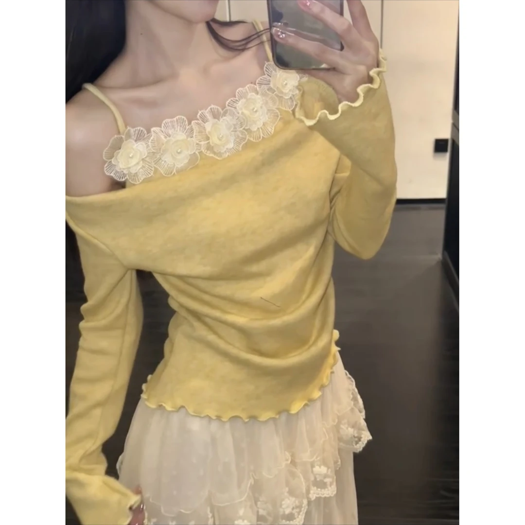 法式假两件荡领花朵长袖t恤女秋冬季木耳边收腰显瘦内搭打底上衣