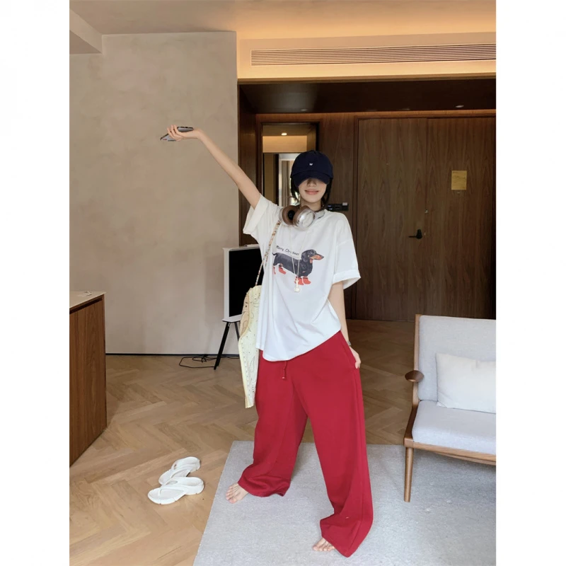 时尚休闲套装女腊肠狗印花宽松短袖T恤夏季新款红色阔腿裤两件套