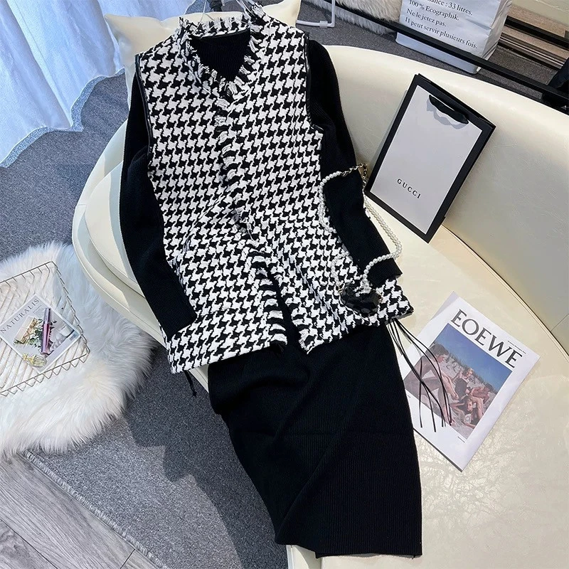 2025年春秋新款韩版潮款宽松千鸟格开衫流苏马甲小香风显瘦外套女