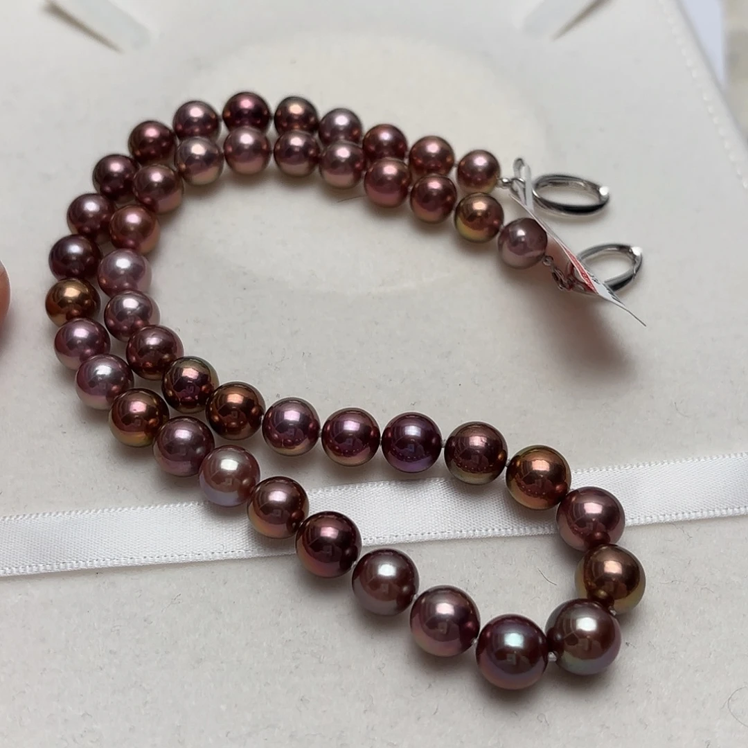 淡水珍珠颈饰银S925镶嵌8-10正圆拉菲酒红糖果