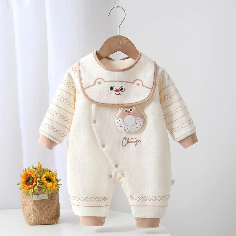 秋冬季新款婴幼儿卡通连体衣80克薄棉男宝宝无骨偏襟单排扣蝴蝶