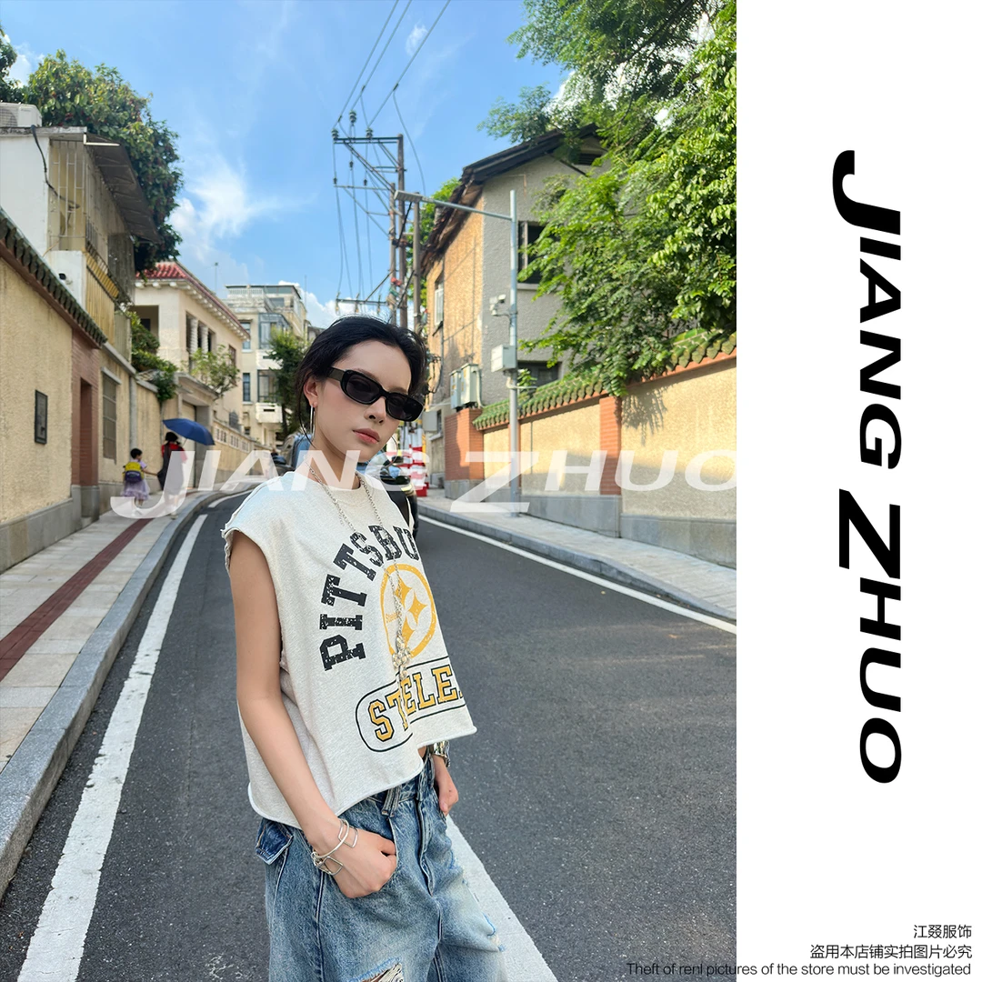 JIANGZHUO【街头涂鸦】美式复古吊带背心女夏季字母印花无袖T恤
