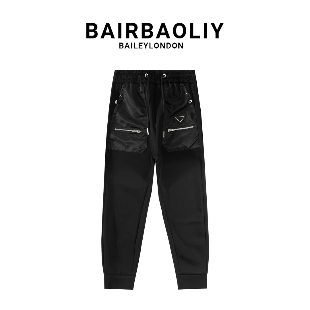 BAIRBAOLIY欧货大牌修身束脚裤男士拼接金属三角标运动休闲长裤子