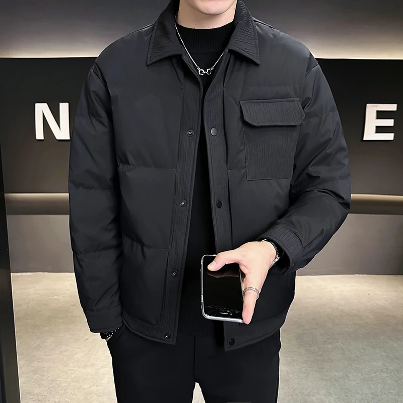 男2025冬季时尚新款高品质潮流翻领单排扣保暖羽绒服纯色百搭外套