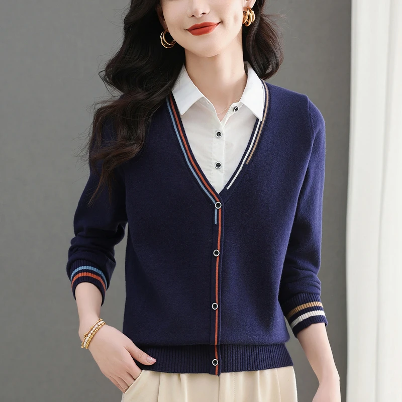 大码春装时尚衬衫领拼接毛衣女宽松显瘦洋气上衣假两件针织打底衫