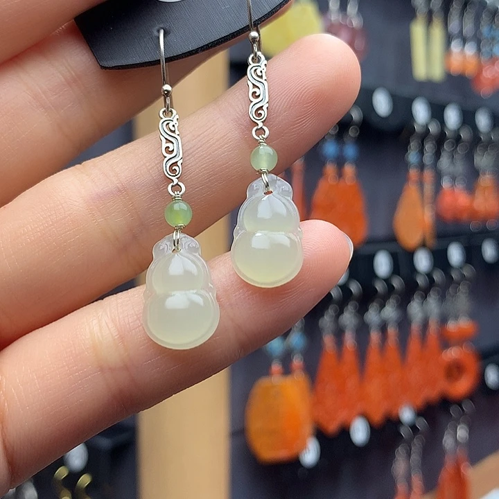 和田玉耳饰银S925镶嵌金*座