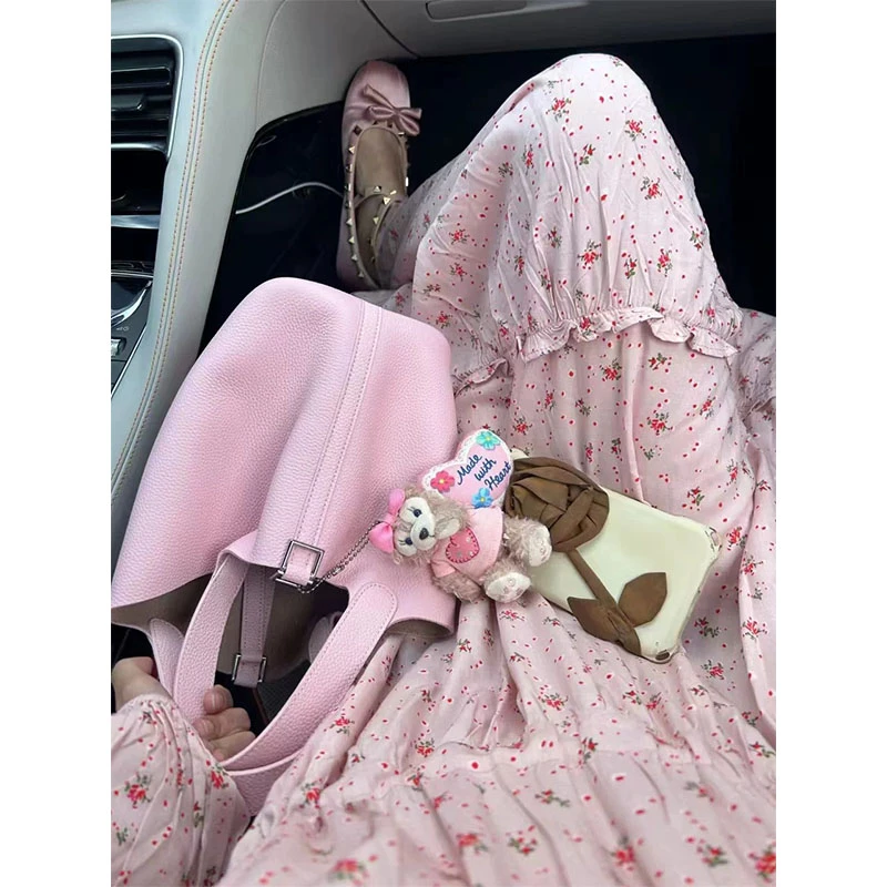 牛皮3q粉菜篮子包包2024新款时尚通勤手提包