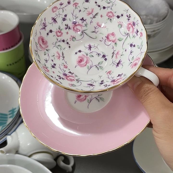 瓷片骨瓷玫瑰荷口杯碟一套