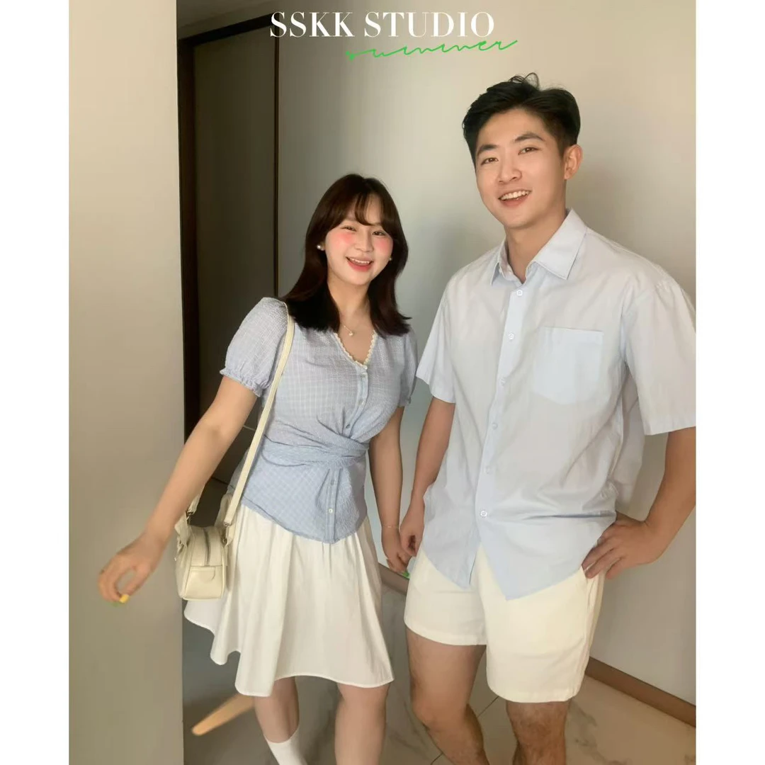 KMZY/KMZY山_山【海岛夏日】微胖韩版简约别致格子收腰绑带短袖衬衫