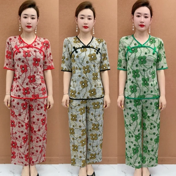 夏季V领套装网红复古民族风上衣+9分阔腿裤两件喜庆民族舞蹈服