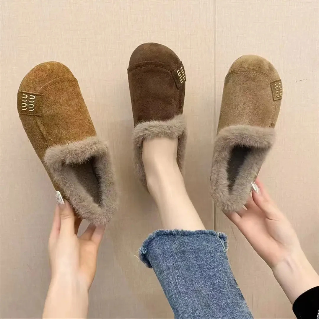 【直播专属】网红冬季休闲脖肯鞋平跟加绒女鞋外穿秋冬防滑豆豆鞋
