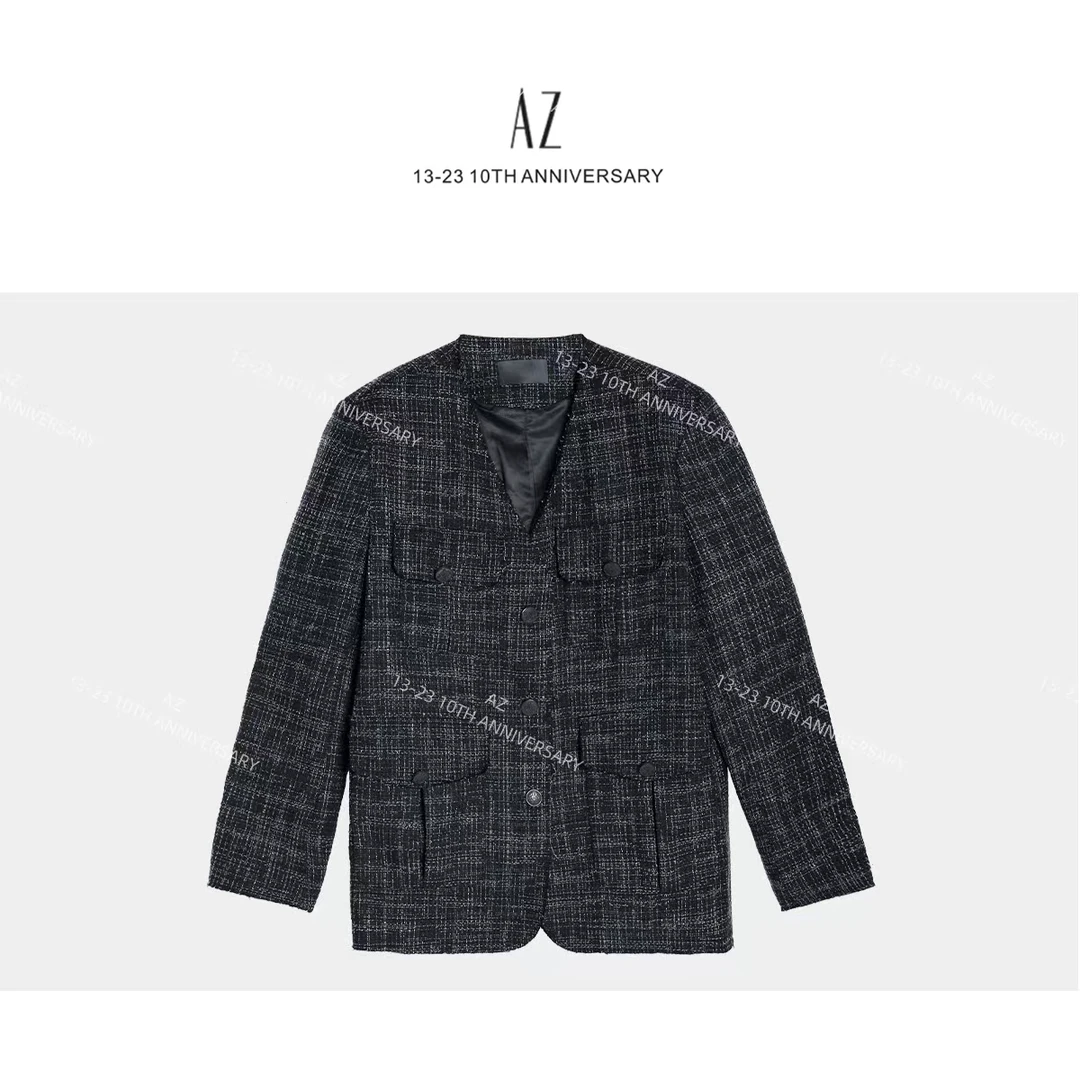 Q-格子裁边美式复古撞色西装-圆圆脸