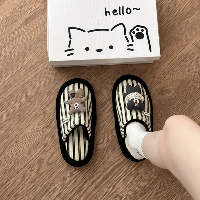 可爱卡通休闲俏皮小熊条纹毛毛拖鞋女2025秋冬新款外穿包头拖棉拖