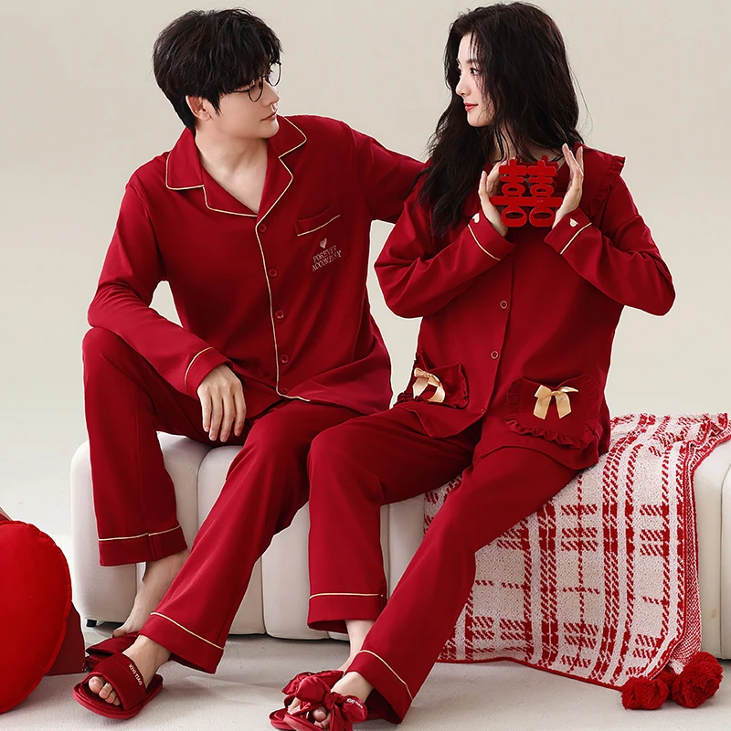 结婚新婚情侣睡衣春秋季喜庆长袖夫妻红色本命年男士家居服套装