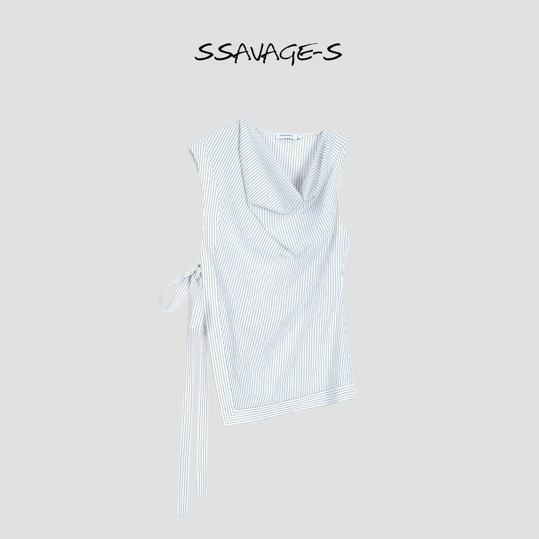 SSAVAGE“错位解构”法国雨露麻荡领不规则系带开叉无袖衬衫SS90601