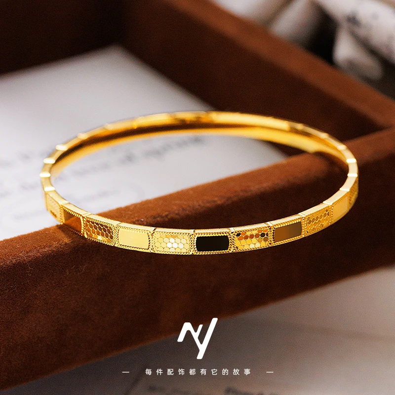 新中式轻奢CNC格子爆闪高级感经典金色百搭镯子