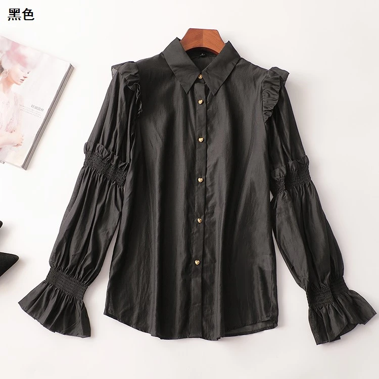 243632春中长款长袖翻领黑色百搭衬衫时尚上衣韩版休闲春秋衬衣