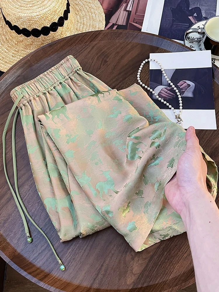 300斤复古设计感时尚松紧腰抽绳阔腿裤2025新款国风印花直筒裤子