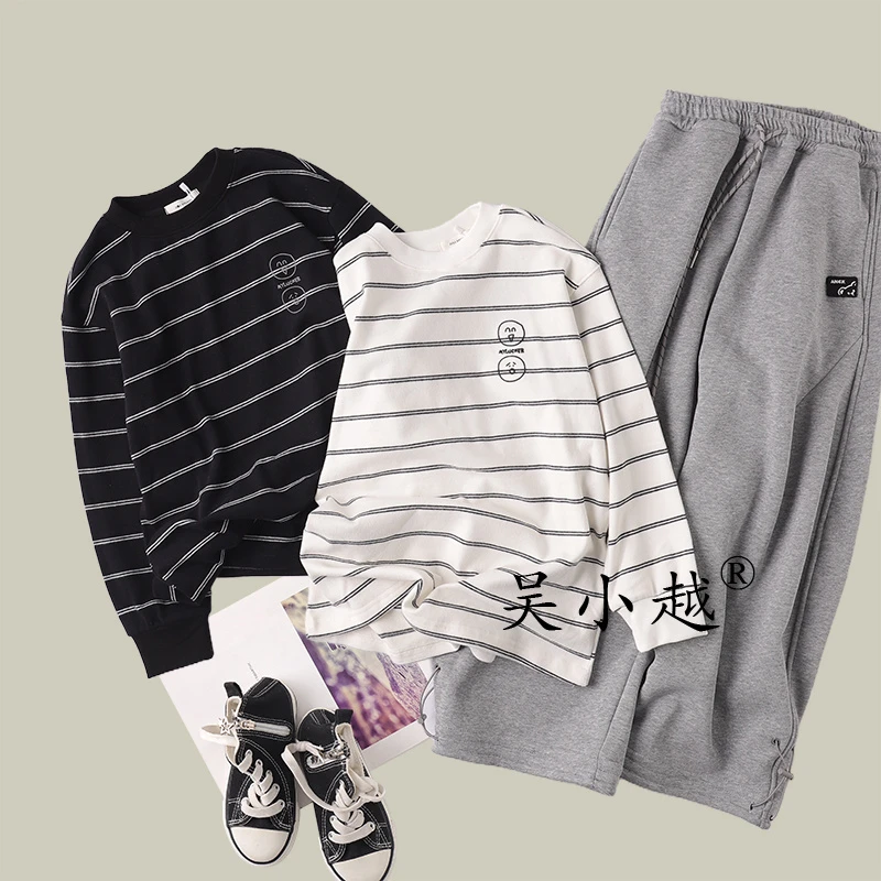 吴小越w1640男童打底衫秋冬款韩版条纹两件数码印花云朵绒t恤