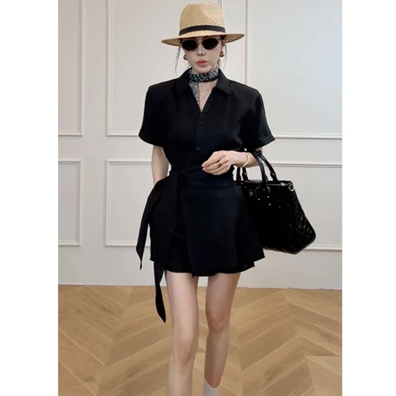 【刘伊朵】【两件套】设计款创意绑带衬衫连衣裙+短裤2025夏季D1710