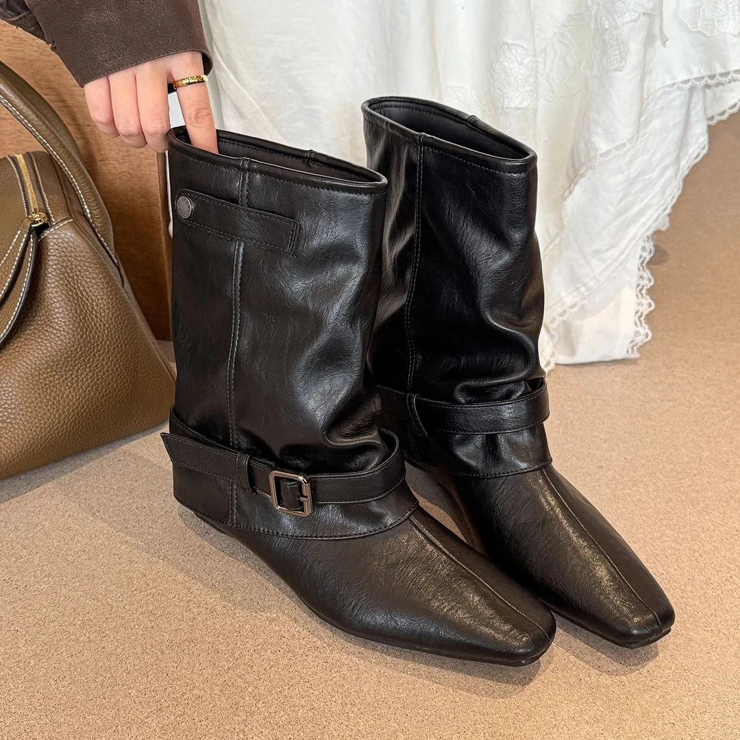 随性舒适！卡其方头粗跟裤管靴女2025新款秋冬中筒靴