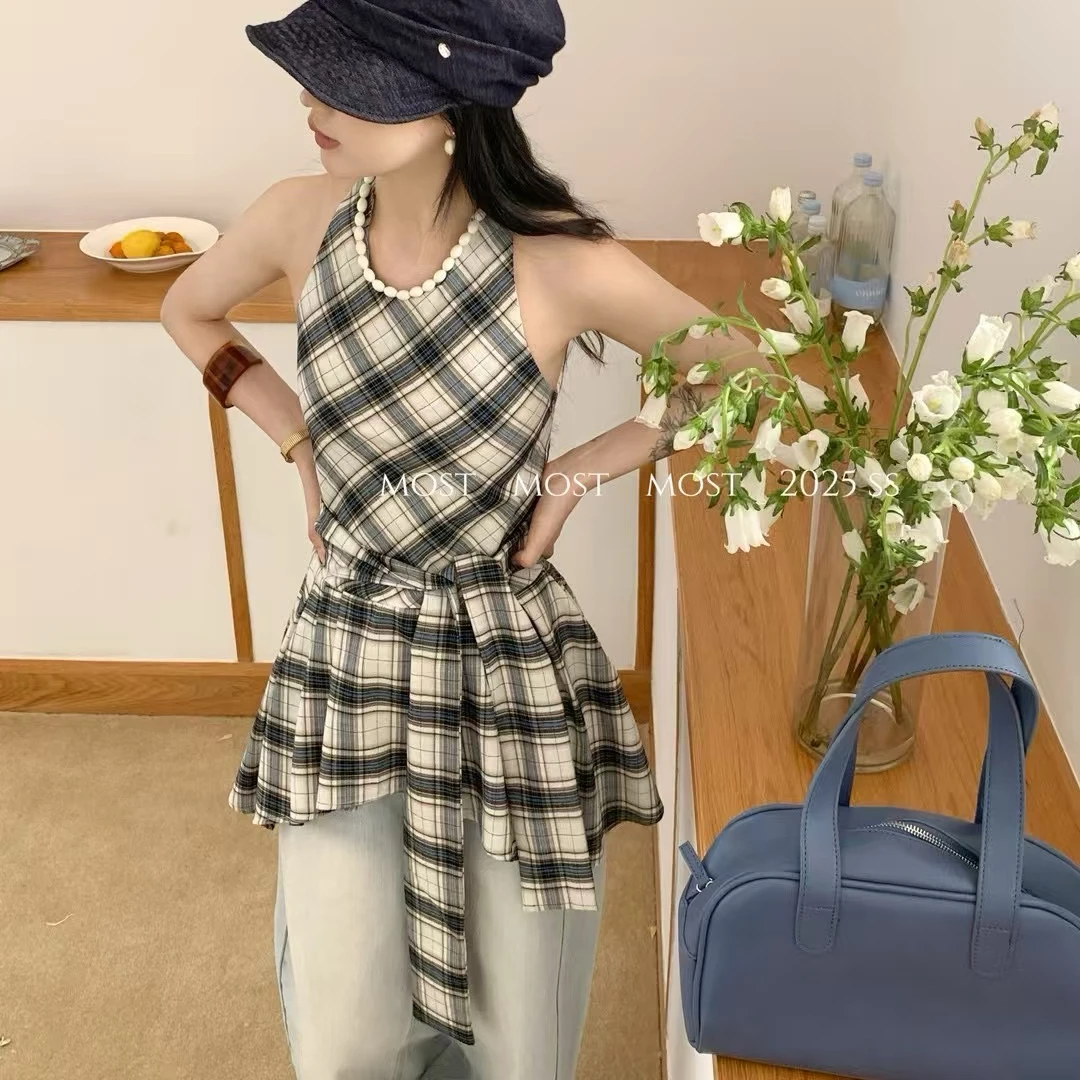 901250（mosu.新款）韩系无袖格纹挂脖拼接绑带不规则上衣