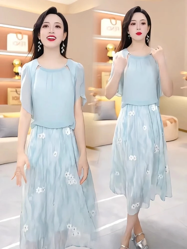 雪纺连衣裙女2025夏季新款时髦洋气假两件气质中长款裙减龄a字裙