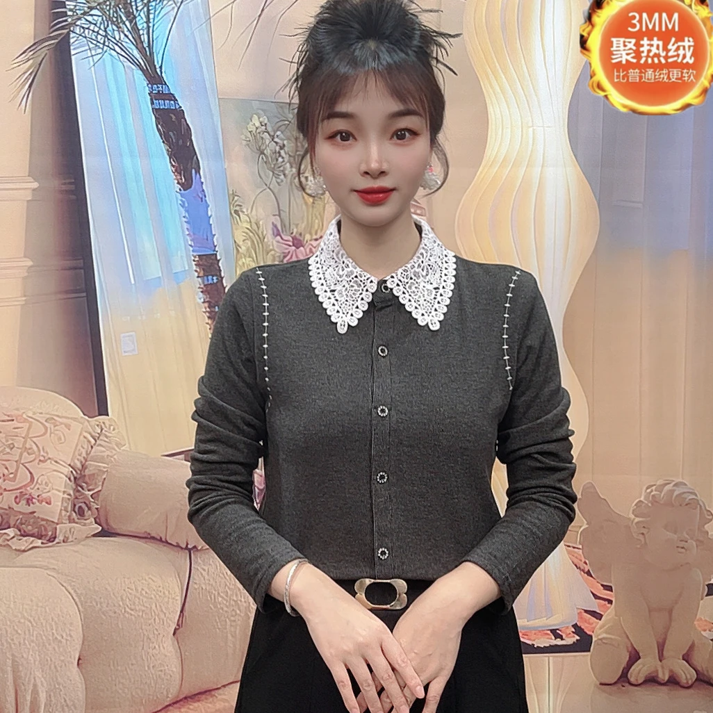 2025秋冬季新款时尚蕾丝衬衫减龄洋气双面绒保暖打底衫长袖女上衣