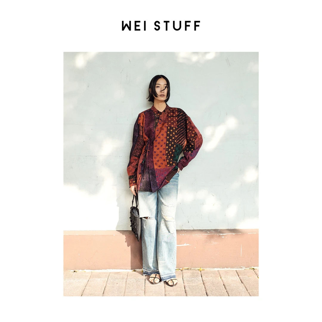 WEI STUFF 春季100桑蚕丝文艺复古时尚花色斜襟长袖衬衫 8753.