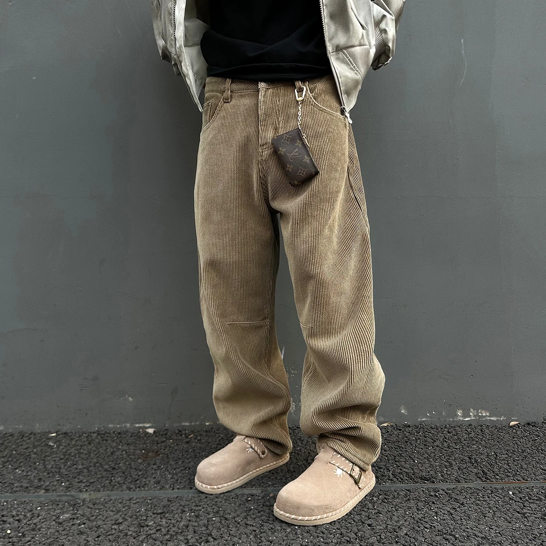 【UNAPS】秋冬复古宽松重磅加绒超厚灯芯绒弯刀休闲裤男女直筒裤子