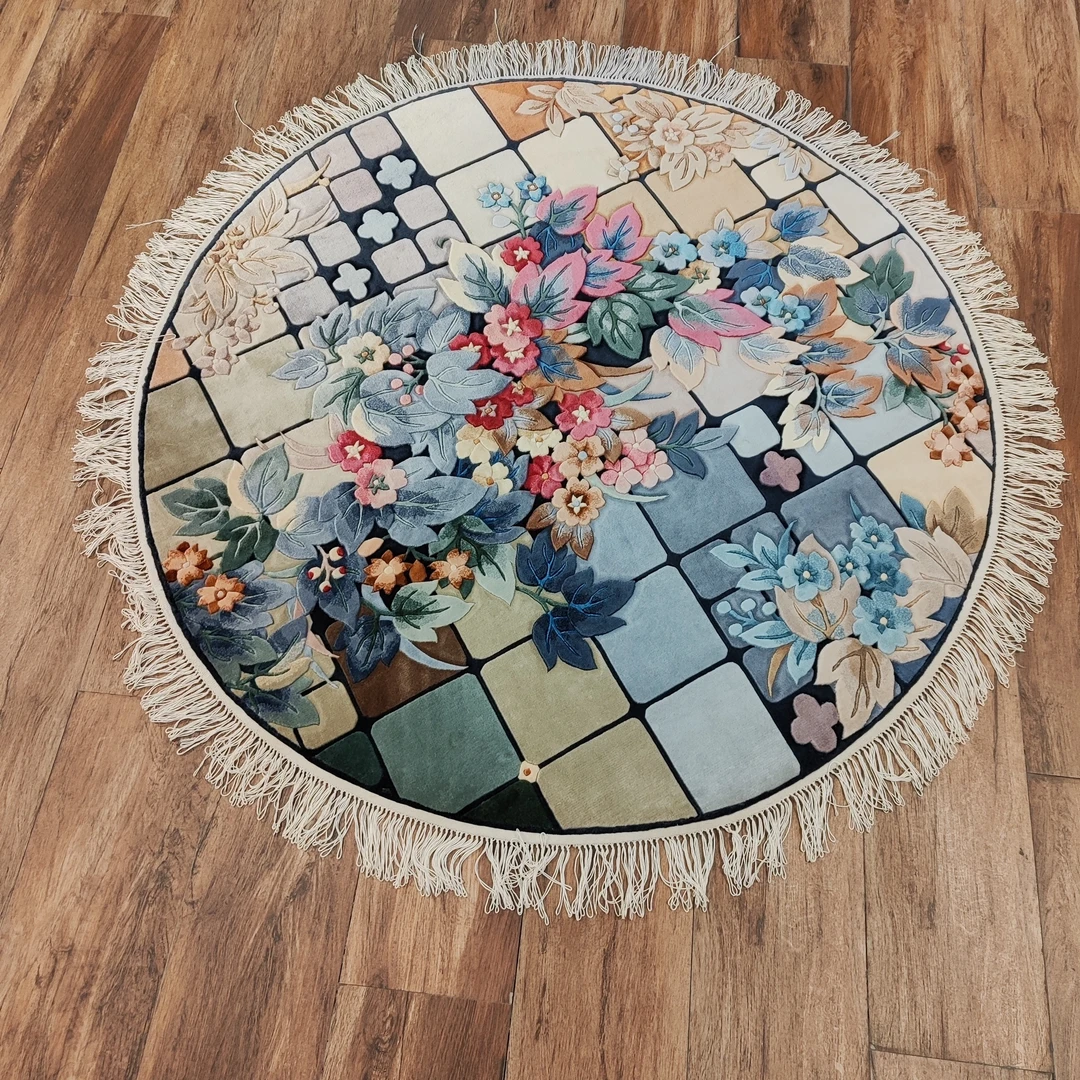 手工编织卧室家用圆形丝毯直径1.23米地毯圆形地毯垫子地垫布艺