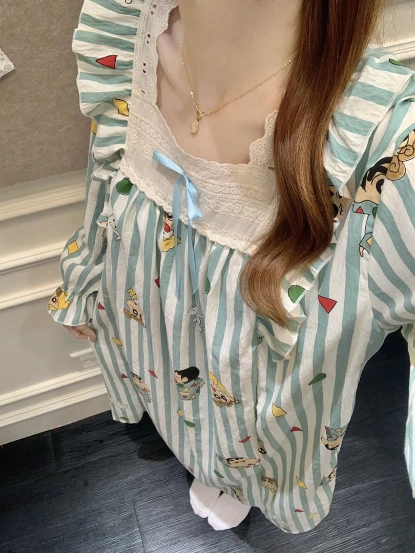 【带胸垫】韩系蕾丝长袖睡裙春秋可外穿女生甜美云朵棉公主风睡衣裙