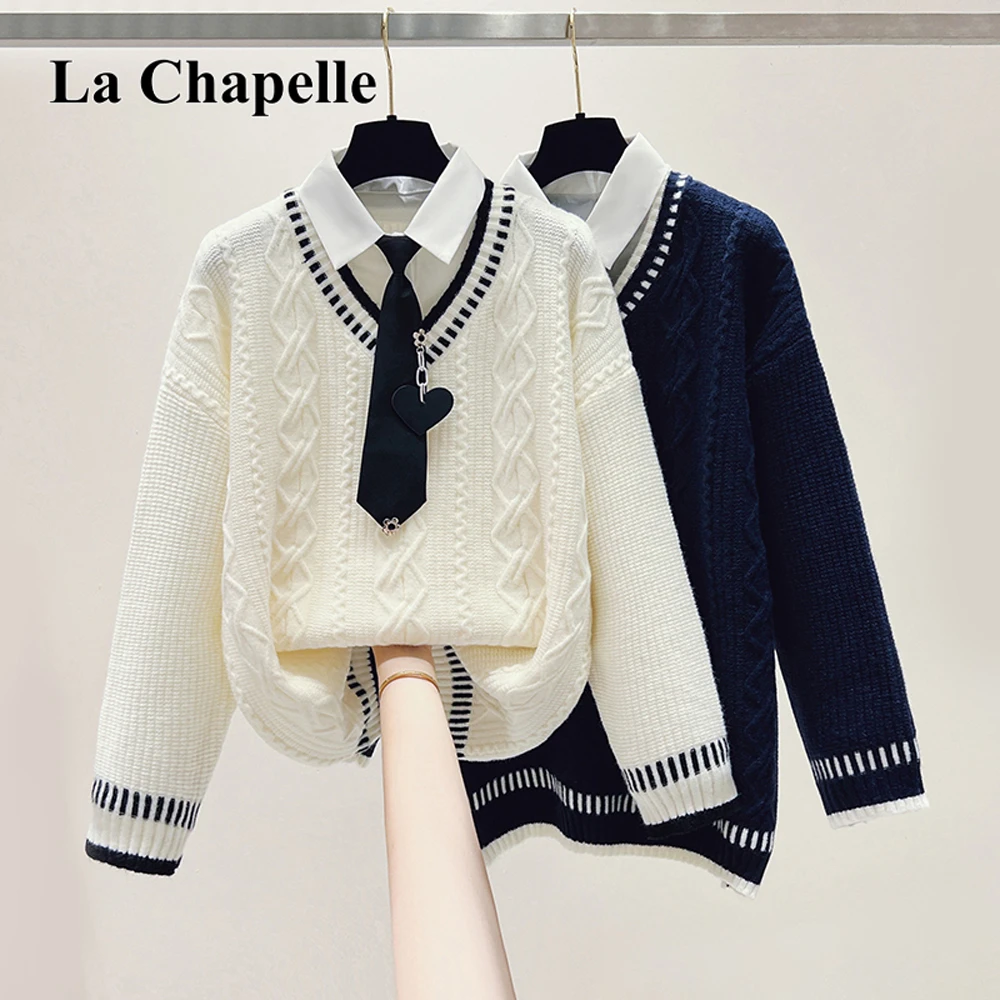 拉夏贝尔学院风毛衣女2025秋冬款polo领宽松减龄假两件针织衫上衣