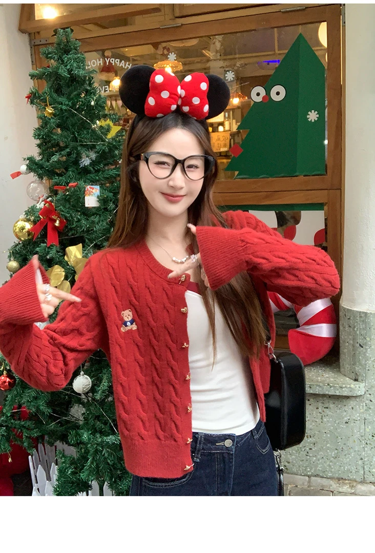 秋冬新款法式复古刺绣麻花慵懒风开衫上衣设计感圆领针织外套女装